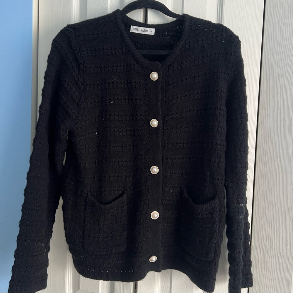 Black Cardigan with Pearl Buttons